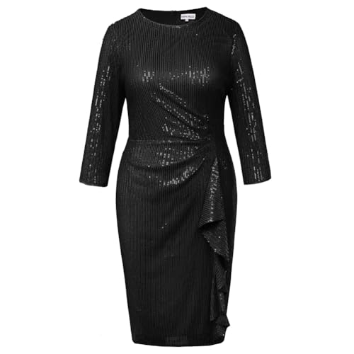 Hanna Nikole Damen Übergröße 3/4 Ärmel Glitzerkleid Midi Vintage Sequins Sommer Partykleid Schwarz 50 von Hanna Nikole