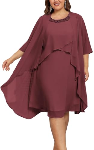 Hanna Nikole Damen Übergröße Chiffon A-Linie Abendkleid für Hochzeit Elegant Cocktailkleid Damen Glitzer Rundhals für Pailletten Kleider Damen Knielang Dark Red 54 von Hanna Nikole