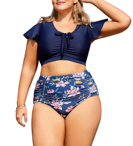 Hanna Nikole Damen Übergröße Hohe Taille Badeanzüge Bauchkontrolle Swimsuit Blau & Weiße Blume 50 von Hanna Nikole