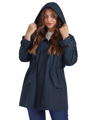 Hanna Nikole Damen Übergröße Kapuze Windjacke Kordelzug Taille Regenjacken mit Taschen Dunkelblau 46 von Hanna Nikole