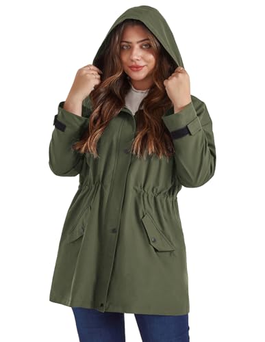 Hanna Nikole Damen Übergröße Kordelzug Taille Sport Outdoorjacke Camping Windbreaker Atmungsaktive Regenjacke Armeegrün 46 von Hanna Nikole