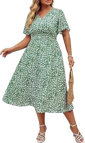 Hanna Nikole Damen Übergröße V-Ausschnitt Freizeitkleid A Linien Kleide Rüschen Kurz Ärmel Kleider Elastische Taille Knielang Dress Mit Taschen Grüner Druck 52 von Hanna Nikole