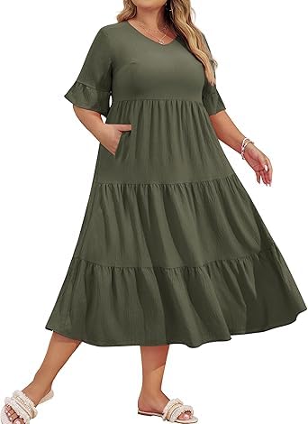 Hanna Nikole Damen Übergröße V-Ausschnitt Freizeitkleid A Linien Kleide Schlag Ärmel Kleider Stufenrock Knielang Dress Mit Taschen Olivgrün 50 von Hanna Nikole