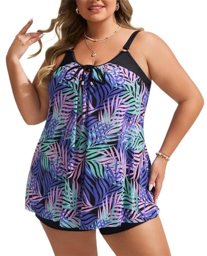 Damen Zwei Stücke Tankini Verstellbarer Schultergurt Brustbinde Badeanzug Mode Damen Swimsuit Gepolsterte Bademode Beachwear Blattdruck 46Plus von Hanna Nikole