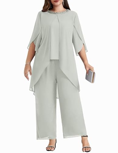 Hanna Nikole Damen Zweiteiler Sommer GroßE GrößEn Abendanzug Chiffon Hosenanzug Festliches Outfit Hochzeitsgast Festmode Cocktail Pailletten Rundhals Abendmode Elegant Party Outfit von Hanna Nikole