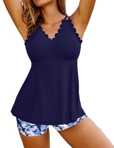 Hanna Nikole Damen Zweiteiliger Tankini Freche Atmungsaktive Unterstützung Badeanzüge für Sommerurlaub Marineblau Small von Hanna Nikole