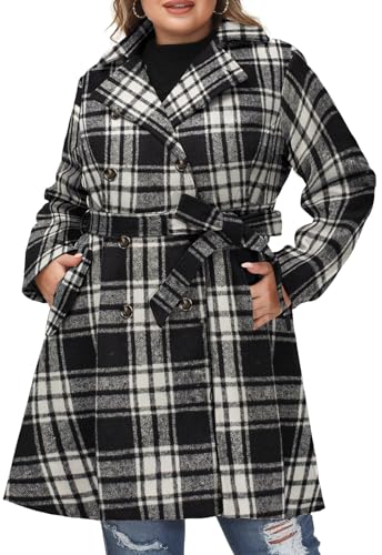 Hanna Nikole Damenmantel Für Übergang Große Größen Zweireihiger Wollmantel mit Taschen Gürtel Langarm Mittellanger Trenchcoat Kariert 48 von Hanna Nikole