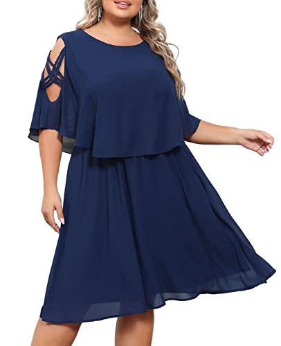 Hanna Nikole Elegant Chiffon Rundhals Partykleid Damen Große Größe Plus Size Sexy Cold Shoulder Dresses Navy Blau 44 von Hanna Nikole