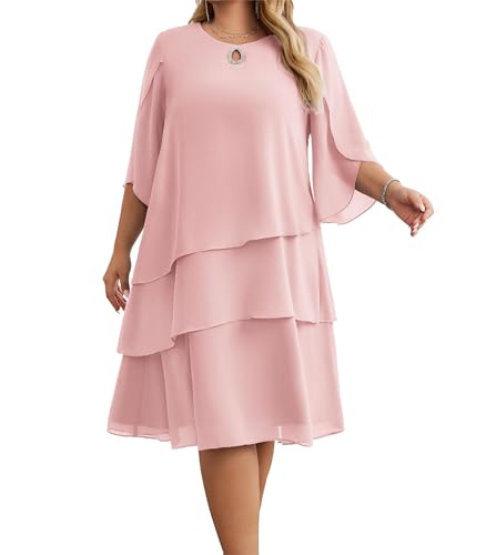 Hanna Nikole Elegantes Chiffon-Kleid für Damen mittellange Ärmel Rundhalsausschnitt gestuftes einfarbiges Midikleid 54 von Hanna Nikole