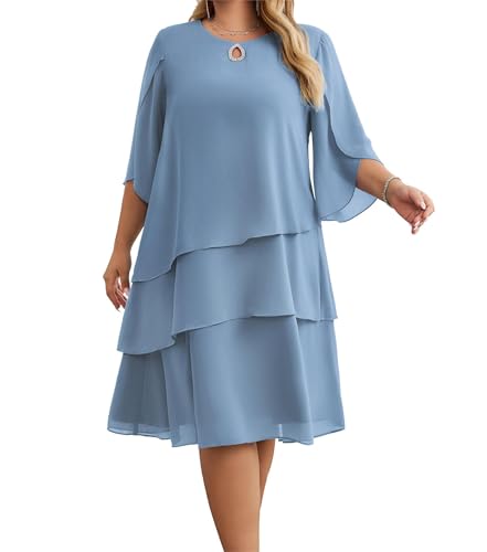 Hanna Nikole Elegantes Chiffon-Kleid für Damen mittellange Ärmel Rundhalsausschnitt gestuftes einfarbiges Midikleid Blaugrau 46 von Hanna Nikole