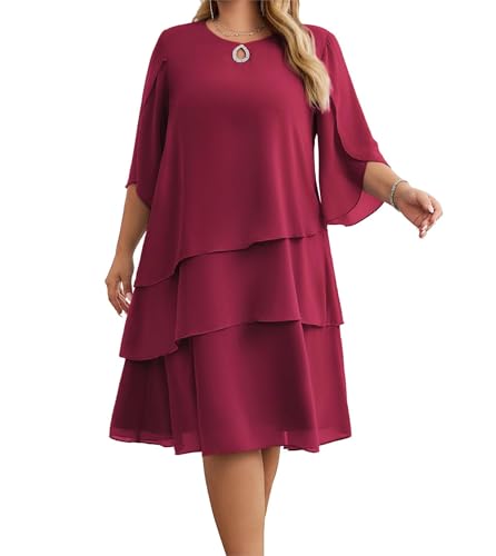 Hanna Nikole Elegantes Chiffon-Kleid für Damen mittellange Ärmel Rundhalsausschnitt gestuftes einfarbiges Midikleid Rotwein 50 von Hanna Nikole