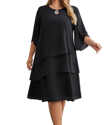 Hanna Nikole Elegantes Chiffon-Kleid für Damen mittellange Ärmel Rundhalsausschnitt gestuftes einfarbiges Midikleid Schwarz 52 von Hanna Nikole
