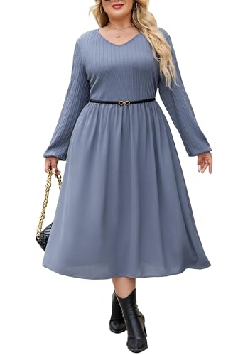 Hanna Nikole Elegantes langes Patchwork-Kleid in Übergröße, einfarbig, 2 Taschen, Geripptes Strickdesign von Hanna Nikole