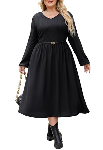 Hanna Nikole Elegantes langes Patchwork-Kleid in Übergröße, einfarbig, 2 Taschen, Geripptes Strickdesign von Hanna Nikole