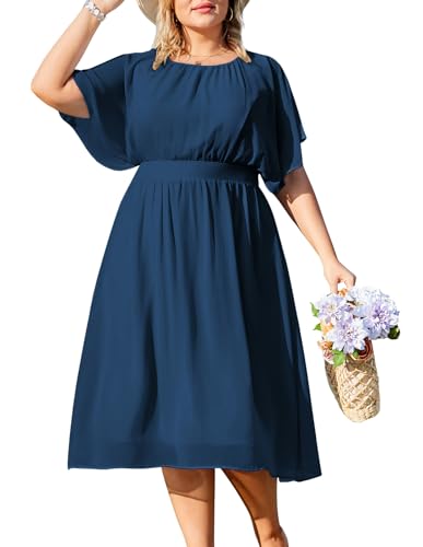 Hanna Nikole Female Large Size Chiffon Dress Crew Neck Knee Length A-Line Dress Elastic Dress Navy Blau 54 von Hanna Nikole