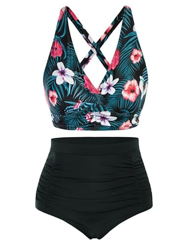 Hanna Nikole Female Plus Size Ruched Swimsuit Bikini Sets Push Up Bikinioberteil Bikini Sets Rote & Weiße Blumen 42 von Hanna Nikole