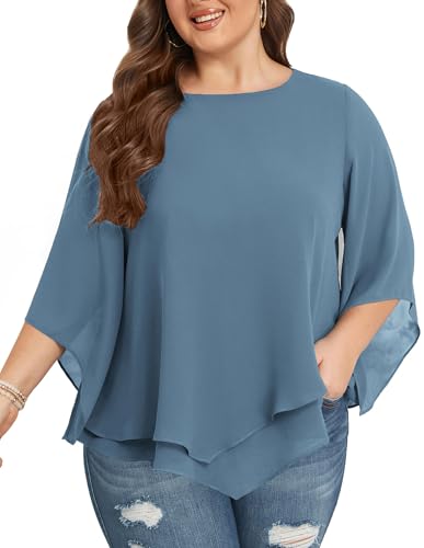 Hanna Nikole Female Übergröße Elegant Chiffon Bluse Doppellagige Basic Shirt Hemdbluse Pfauenblau 46 von Hanna Nikole