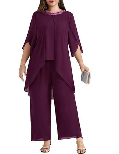 Hanna Nikole Festival Outfit Damen GroßE GrößEn Abendanzug Chiffon Hosenanzug Elegant Zweiteiler Hochzeitsgast Festmode Cocktail Abendmode Pailletten Rundhals-Tops Und Hoch Taillierter Party Outfit von Hanna Nikole
