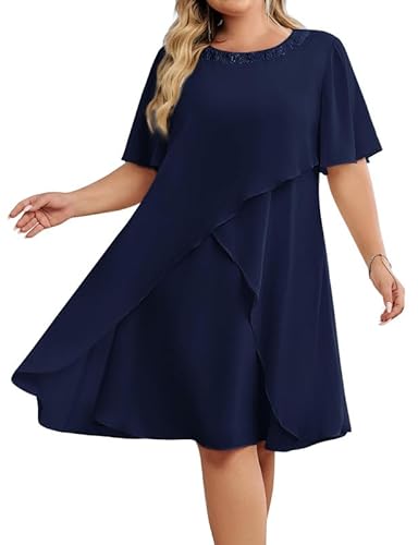 Hanna Nikole Festliche Kleider FüR Damen GroßE GrößE Hochzeitsgäste Kleider Chiffon Abendkleider Mit Pailletten Rundhalsausschnitt Elegant Cocktailkleid Midikleid FüR Die Brautmutter von Hanna Nikole