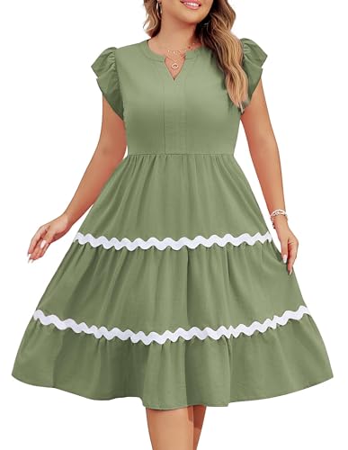 Hanna Nikole Frauen Große Größe Rüschenärmel Midikleid A-Linie Kleid Flowy Freizeitkleider Grau Grün 50 von Hanna Nikole
