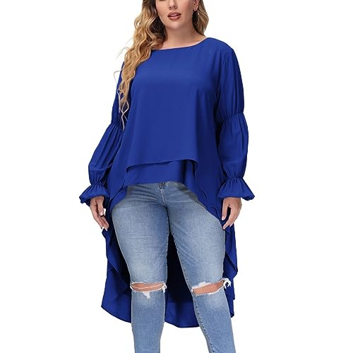 Hanna Nikole Frauen Große Größen Langarm Blouse Unifarben Rüschen Mode Tunika Vintage Tops Retro Blouse Mittelalter Bekleidung Königsblau 50-52 von Hanna Nikole