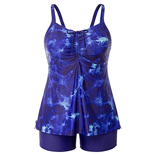 Hanna Nikole Frauen Large Size Badeanzüge Sport Drawstring Side Mode Tankini with Removable Bust Pads Blaue Blume 48 von Hanna Nikole