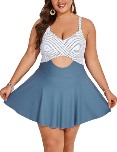 Hanna Nikole Frauen Large Size Einteiliger Badeanzug Breathable Elastic Stretchy Cutout Einteilige Swimsuit with Skirt Streifendruck 52 von Hanna Nikole