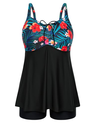 Hanna Nikole Frauen Large Size Spaghetti-träger Tankini Set Retro Tankini mit Hotpants Schwarz & Rote Blüten 46 von Hanna Nikole