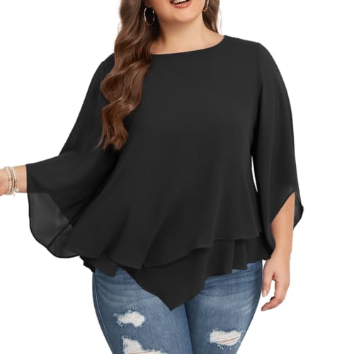 Hanna Nikole Frauen Übergröße Chiffon Bluse Mode Einfarbig Ärmellos Lang Tops Schwarz 54 von Hanna Nikole