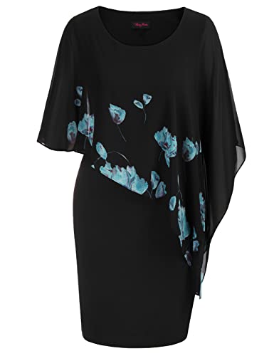 Hanna Nikole Große Größen Cape Chiffonkleid Slim Fit Abiballkleid für Hochzeitsgäste Schwarze Blumenmuster 54 von Hanna Nikole