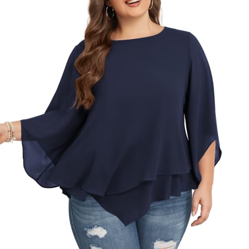Hanna Nikole Große Größen Chiffon Tops Damen Solid Color Double Layered Oberteile Navy Blau 48 von Hanna Nikole
