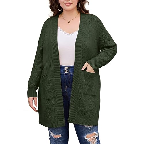 Hanna Nikole Große Größen Elegant Strickjacke Damen Leichte Abgerundeter Saum Cardigan Armeegrün 50 von Hanna Nikole