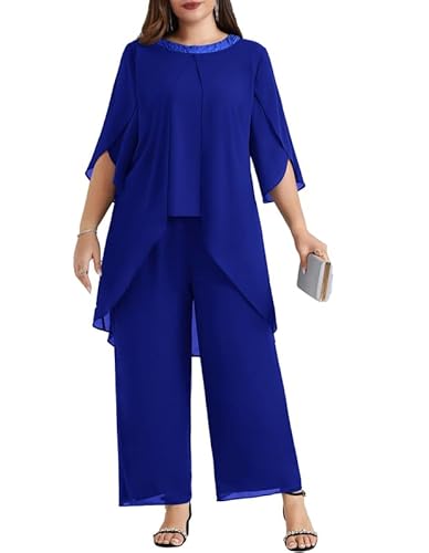 Hanna Nikole Hosenanzug Damen Elegant GroßE GrößEn Abendanzug Chiffon Zweiteiler Festliches Outfit Hochzeitsgast Festmode Cocktail Abendmode Pailletten Rundhals-Tops Und Hoch Taillierter Party Outfit von Hanna Nikole