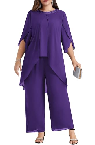 Hanna Nikole Hosenanzug Damen Elegant GroßE GrößEn Abendanzug Chiffon Zweiteiler Festliches Outfit Hochzeitsgast Festmode Cocktail Abendmode Pailletten Rundhals-Tops Und Hoch Taillierter Party Outfit von Hanna Nikole
