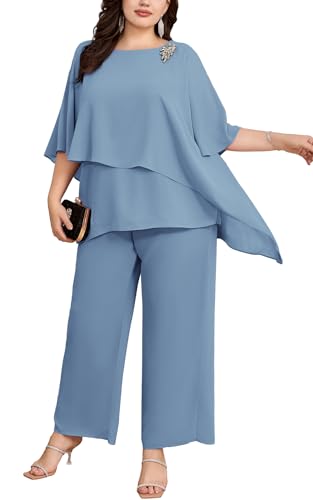 Hanna Nikole Hosenanzug Damen Große Größen Zweiteiler Fledermausärmel Cape-Ärmel Strass Lose Rundhals Chiffon Shirt Hohe Taille Elegant Hohe Taille Lange Hose Grau Blau 46 von Hanna Nikole