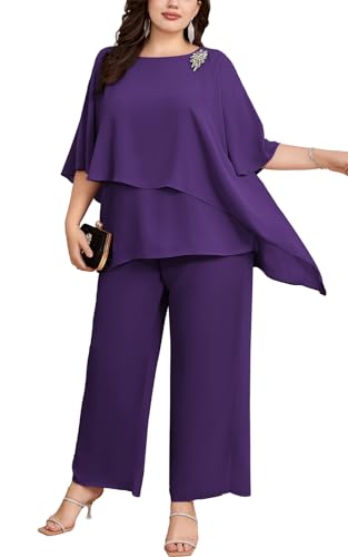 Hanna Nikole Hosenanzug Damen Große Größen Zweiteiler Fledermausärmel Cape-Ärmel Strass Lose Rundhals Chiffon Shirt Hohe Taille Elegant Hohe Taille Lange Hose Lila 46 von Hanna Nikole