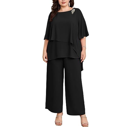 Hanna Nikole Hosenanzug Damen Große Größen Zweiteiler Fledermausärmel Cape-Ärmel Strass Lose Rundhals Chiffon Shirt Hohe Taille Elegant Hohe Taille Lange Hose Schwarz 46 von Hanna Nikole