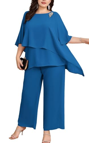 Hanna Nikole Hosenanzug Damengroße Größen Cape Sleeve Zip Rhinestones Loose Round Neck Wide Leg Pants Chiffon Comfortable Lined Festival Summer Elegant High Waist Pfauenblau 52 von Hanna Nikole