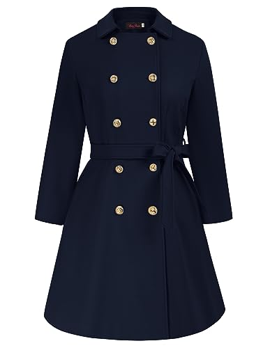 Hanna Nikole Mäntel Frauen Große Größen Zweireihiger Wollmantel mit Taschen Gürtel Langarm Mittellanger Trenchcoat Navy Blau 54 von Hanna Nikole