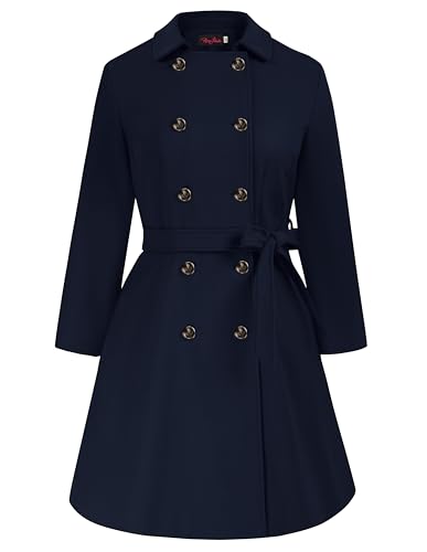 Hanna Nikole Mantel Damen Herbst Elegant Große Größen Zweireihiger Wollmantel mit Taschen Gürtel Navy Blau 54 Langarm Mittellanger Trenchcoat von Hanna Nikole