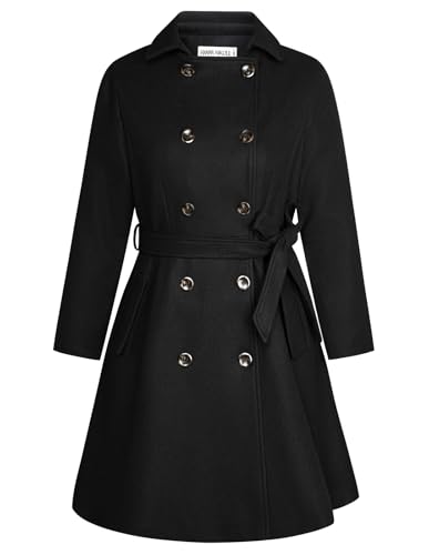 Hanna Nikole Mantel Damen Winter Große Größen Zweireihiger Wollmantel mit Taschen Gürtel Langarm Mittellanger Trenchcoat Schwarz 56 von Hanna Nikole