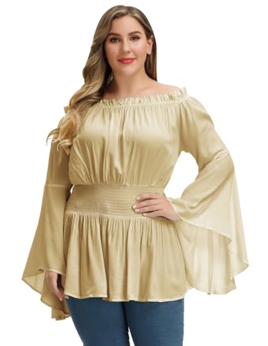 Hanna Nikole Mittelalter Hemd Damen Große Größen Langarm Bluse Flare Ärmel Rüschensaum Renaissance Bluse Shirt Kamel 56 von Hanna Nikole