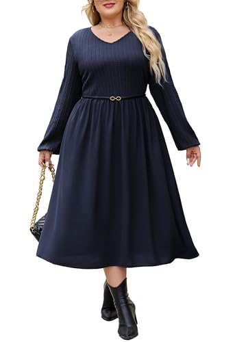 Hanna Nikole Modisches Midikleid mit V-Ausschnitt, stilvolles, fließendes Frühlingskleid in Übergröße für Damen (Herbst 2025) von Hanna Nikole