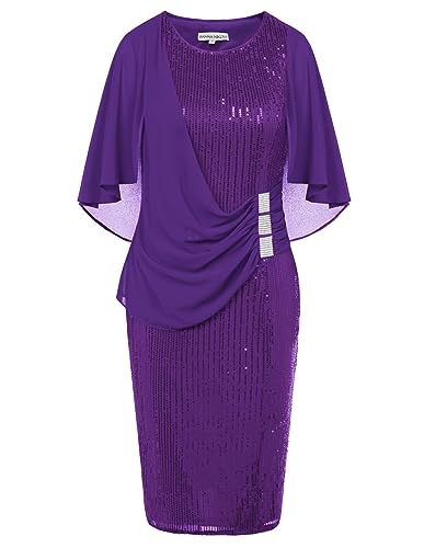 Hanna Nikole Pailletten Sommerkleid Damen Elegant Figur Betont Wickelkleid Rundhals Chiffon Schal Partykleid Damen Violett S von Hanna Nikole