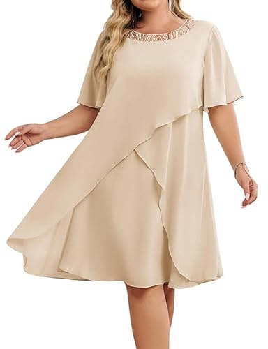 Hanna Nikole Party Kleider Damen Elegant GroßE GrößE Cocktailkleid Hochzeitsgäste Kleider Chiffon Abendkleider Mit Pailletten Rundhalsausschnitt Festlich Midikleid FüR Die Brautmutter von Hanna Nikole