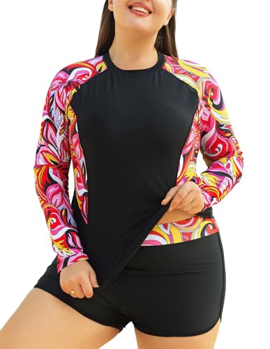 Hanna Nikole Plus Size Badeanzüge Mit Vollständiger Abdeckung Für Damen Rashguard-Badeanzug Integrierter BH Rote Welle 54 von Hanna Nikole