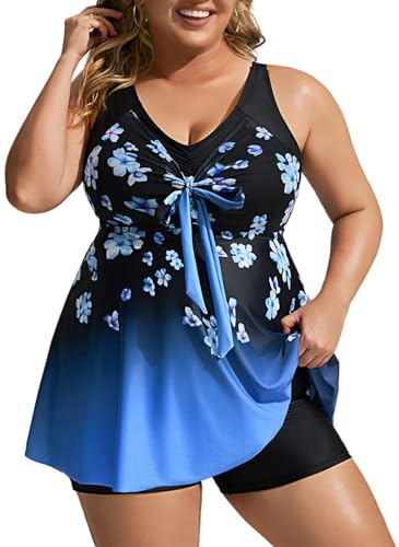 Hanna Nikole Plus Size Frauen Badeanzug Retro Solid Tankini Badeanzug mit gerafftem Saum Sommer Blauer Ditsy-Druck 56 Große Größen von Hanna Nikole