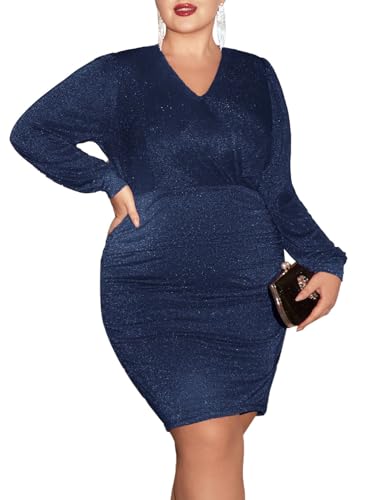 Hanna Nikole Plus Size Langarm V-Ausschnitt Feiner Glitter Wrap Hip Plissee Kleid Marineblau 48 von Hanna Nikole
