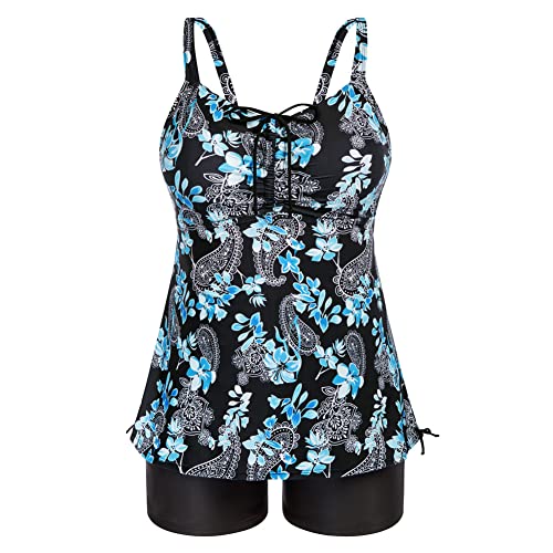 Hanna Nikole Plus Size Tankini Damen 2 Stück Hoher Taille Badeanzüge Classic Tankini Blaues Blatt 46 von Hanna Nikole