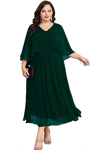 Hanna Nikole Plus Size V-Neck Cape Sleeves Formal Dresses Sleeveless Bat Sleeve Knee Length Batwing Loose Fit Flattering Retro Vintage Cocktail Dress Dunkelgrün 42-44 von Hanna Nikole